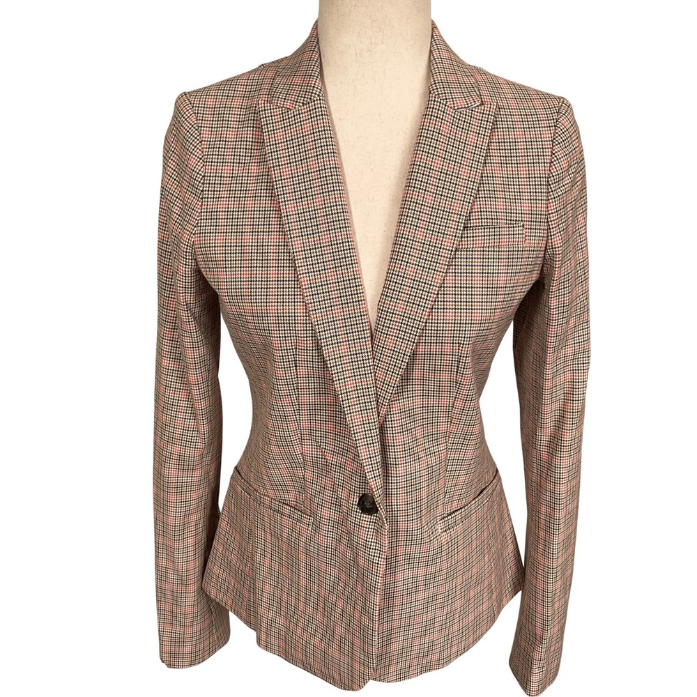 Banana Republic Blazer Womens 2 Tall Brown Plaid Excellent Houndstooth Classic